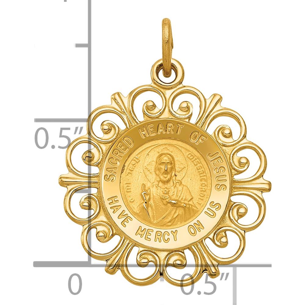 14K Yellow Gold Polished and Satin Sacred Heart of Jesus Medal with Scalloped Edges - 23mm Length by Oro Pregiato