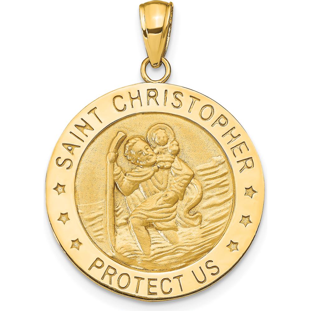 14K Yellow Gold Polished and Satin Saint Christopher Medal Round Pendant with Flat Back - 24.5mm Length by Oro Pregiato