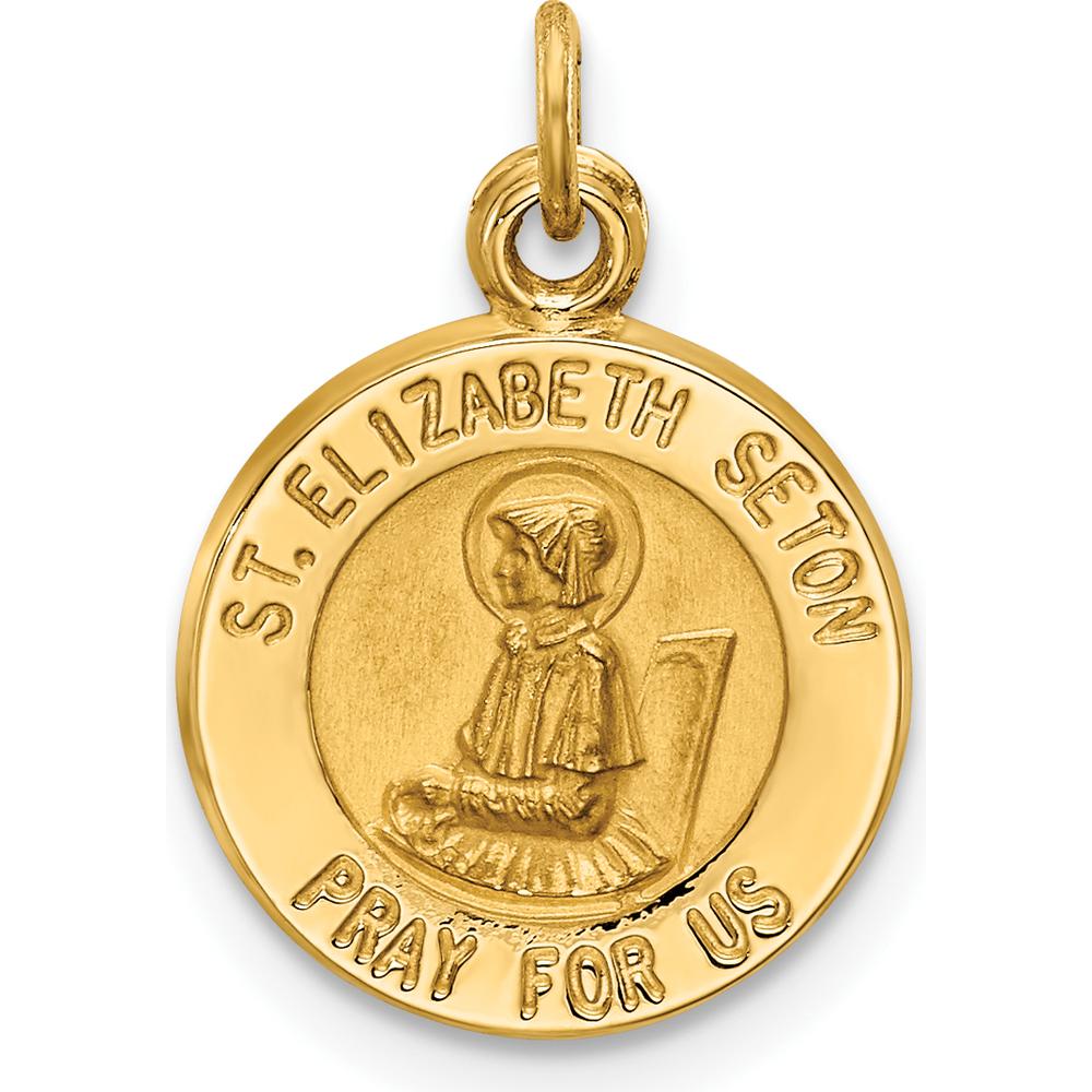 14K Yellow Gold Polished and Satin Saint Elizabeth Seton Round Charm Pendant by Oro Pregiato