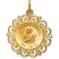 14K Yellow Gold Polished and Satin Saint Theresa Medal Round Pendant with Scalloped Edges - 25mm by Oro Pregiato