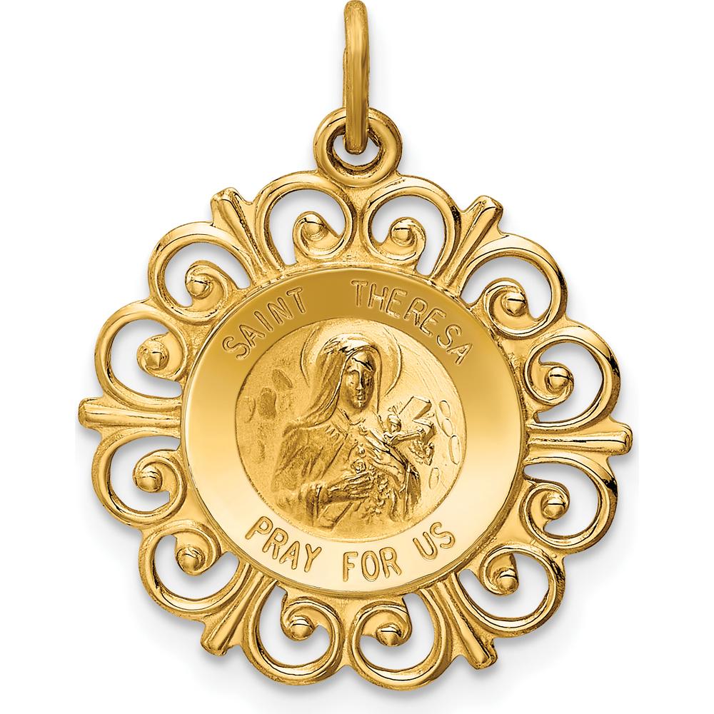 14K Yellow Gold Polished and Satin Saint Theresa Medal Round Pendant with Scalloped Edges - 25mm by Oro Pregiato