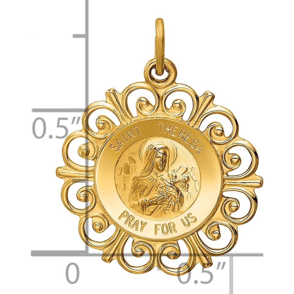 14K Yellow Gold Polished and Satin Saint Theresa Medal Round Pendant with Scalloped Edges - 25mm by Oro Pregiato