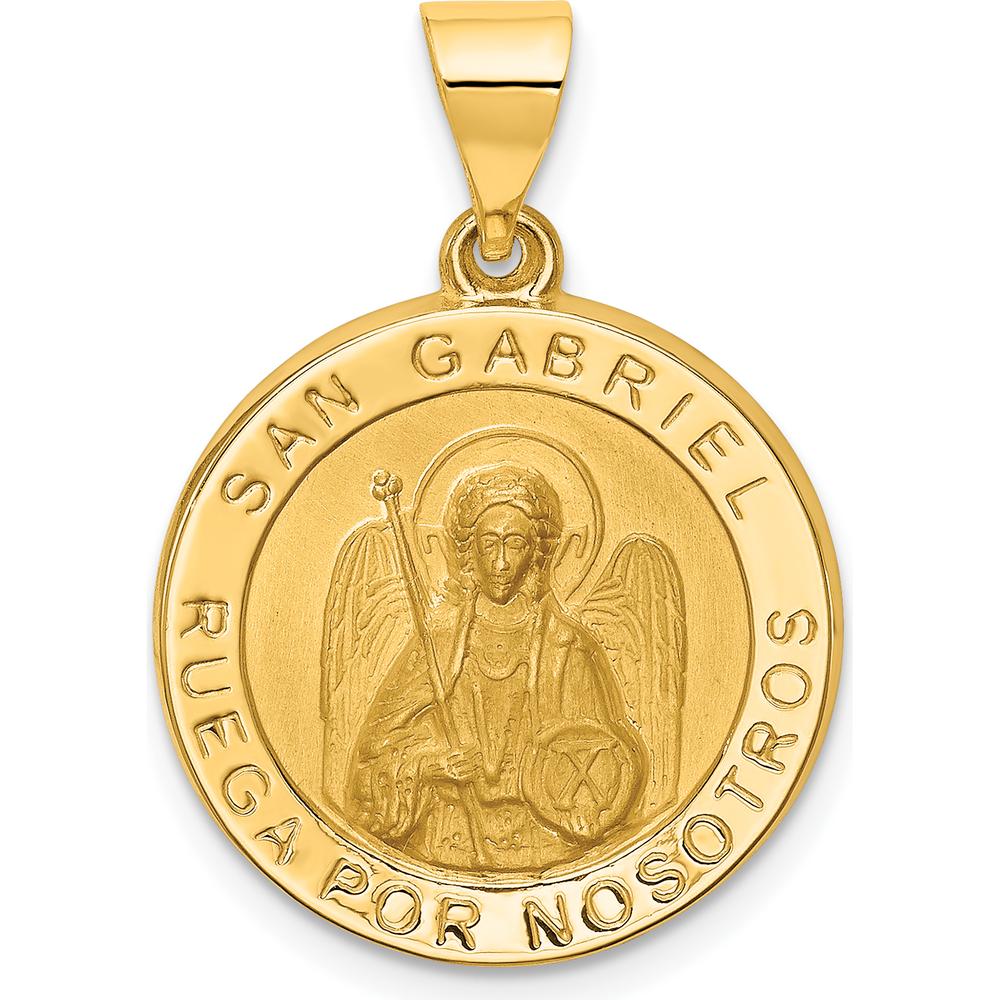 14K Yellow Gold Polished and Satin San Gabriel Medal Round Pendant - Hollow Design by Oro Pregiato