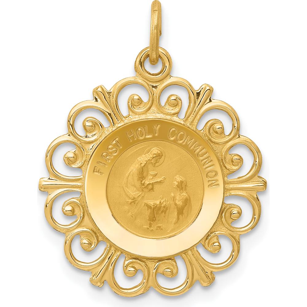 14K Yellow Gold Polished and Satin Scalloped Edge First Holy Communion Medal Charm - 24mm x 19mm by Oro Pregiato
