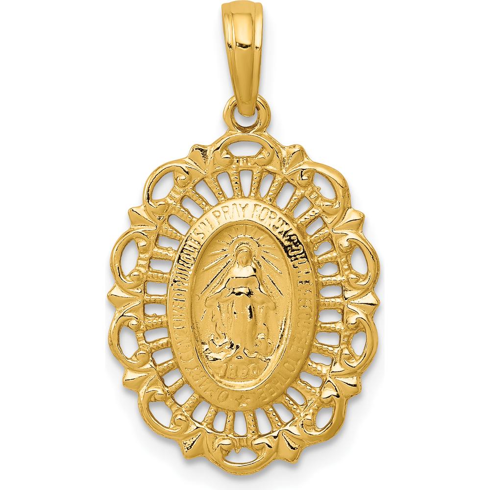 14K Yellow Gold Polished and Satin Scalloped Edge Miraculous Medal Pendant - 21.8mm Length by Oro Pregiato