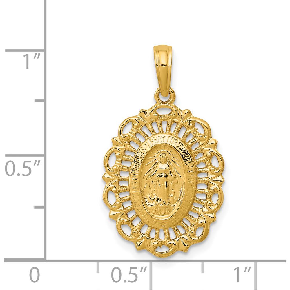 14K Yellow Gold Polished and Satin Scalloped Edge Miraculous Medal Pendant - 21.8mm Length by Oro Pregiato