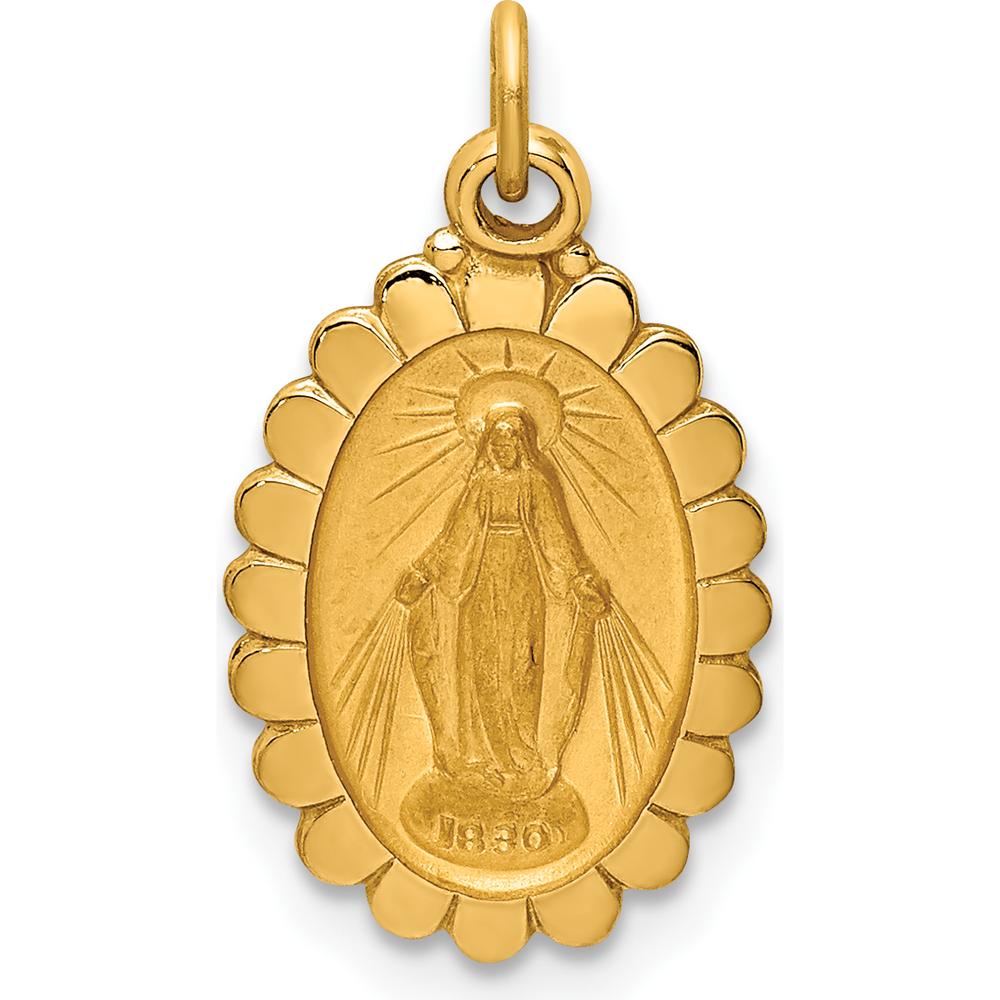 14K Yellow Gold Polished and Satin Scalloped Edge Oval Miraculous Medal Pendant 19.3mm Length by Oro Pregiato
