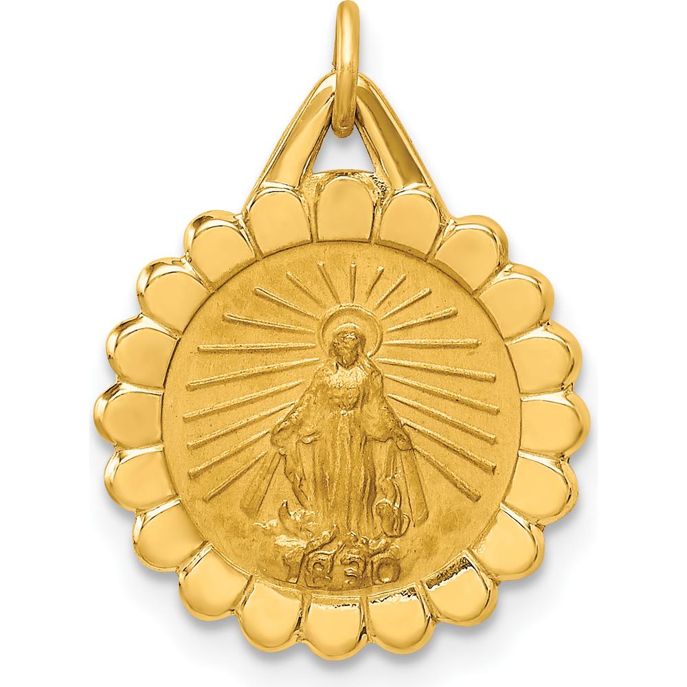 14K Yellow Gold Polished and Satin Small Round Scalloped Miraculous Medal Charm - 20mm by Oro Pregiato