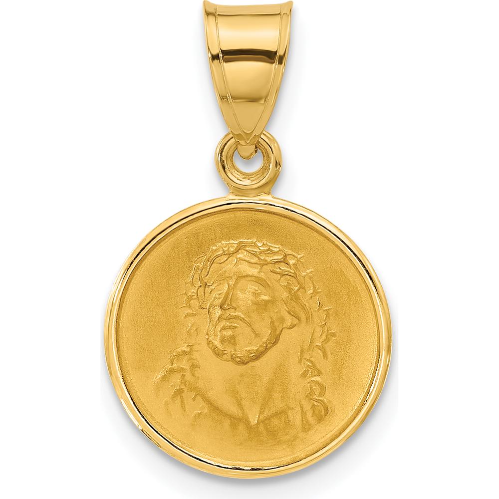 14K Yellow Gold Polished and Satin Solid Face of Jesus Round Pendant - 21.5mm Length by Oro Pregiato