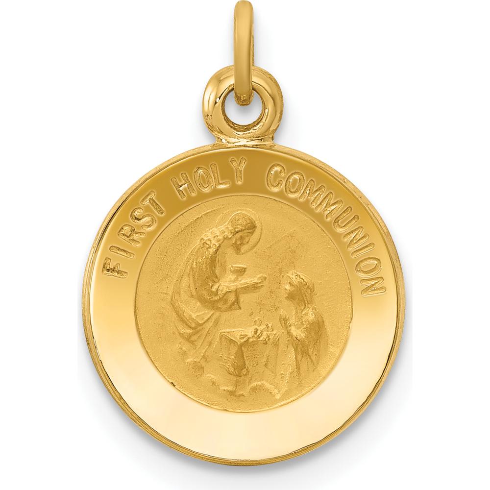 14K Yellow Gold Polished and Satin Solid First Holy Communion Medal Round Charm by Oro Pregiato