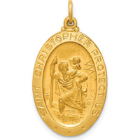 14K Yellow Gold Polished and Satin Solid Medium St. Christopher Medal Oval Pendant - 30mm Length by Oro Pregiato