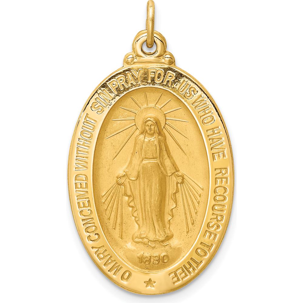 14K Yellow Gold Polished and Satin Solid Miraculous Medal Pendant - 32.5mm Length by Oro Pregiato