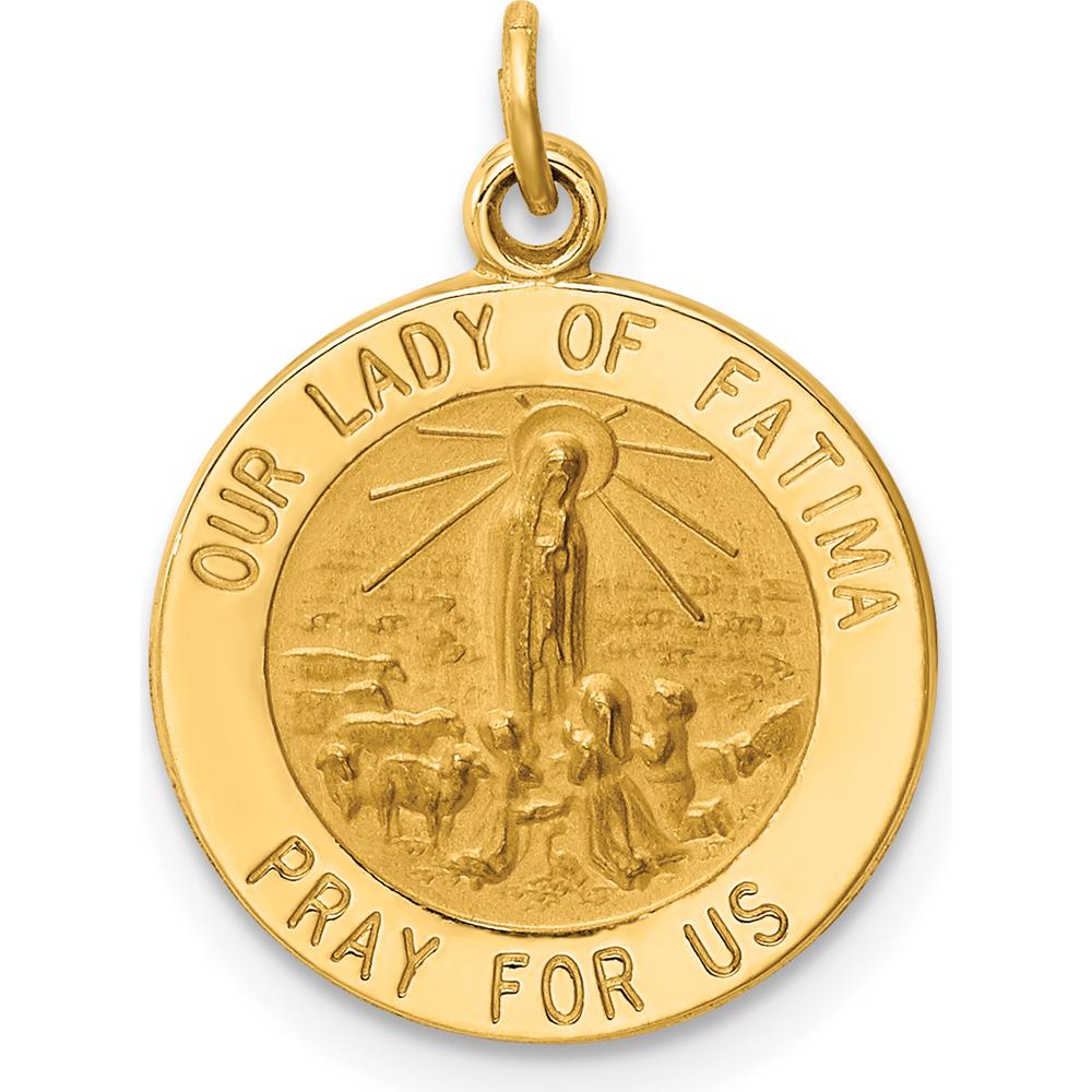 14K Yellow Gold Polished and Satin Solid Our Lady of Fatima Medal Round Charm - 19.5mm by Oro Pregiato