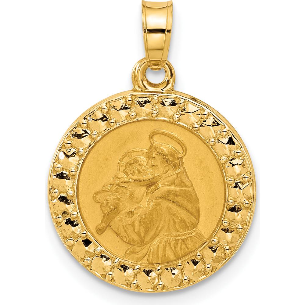 14K Yellow Gold Polished and Satin St. Anthony Medal Round Pendant - Hollow Design by Oro Pregiato