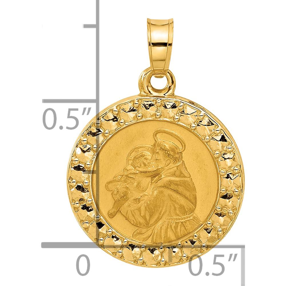 14K Yellow Gold Polished and Satin St. Anthony Medal Round Pendant - Hollow Design by Oro Pregiato