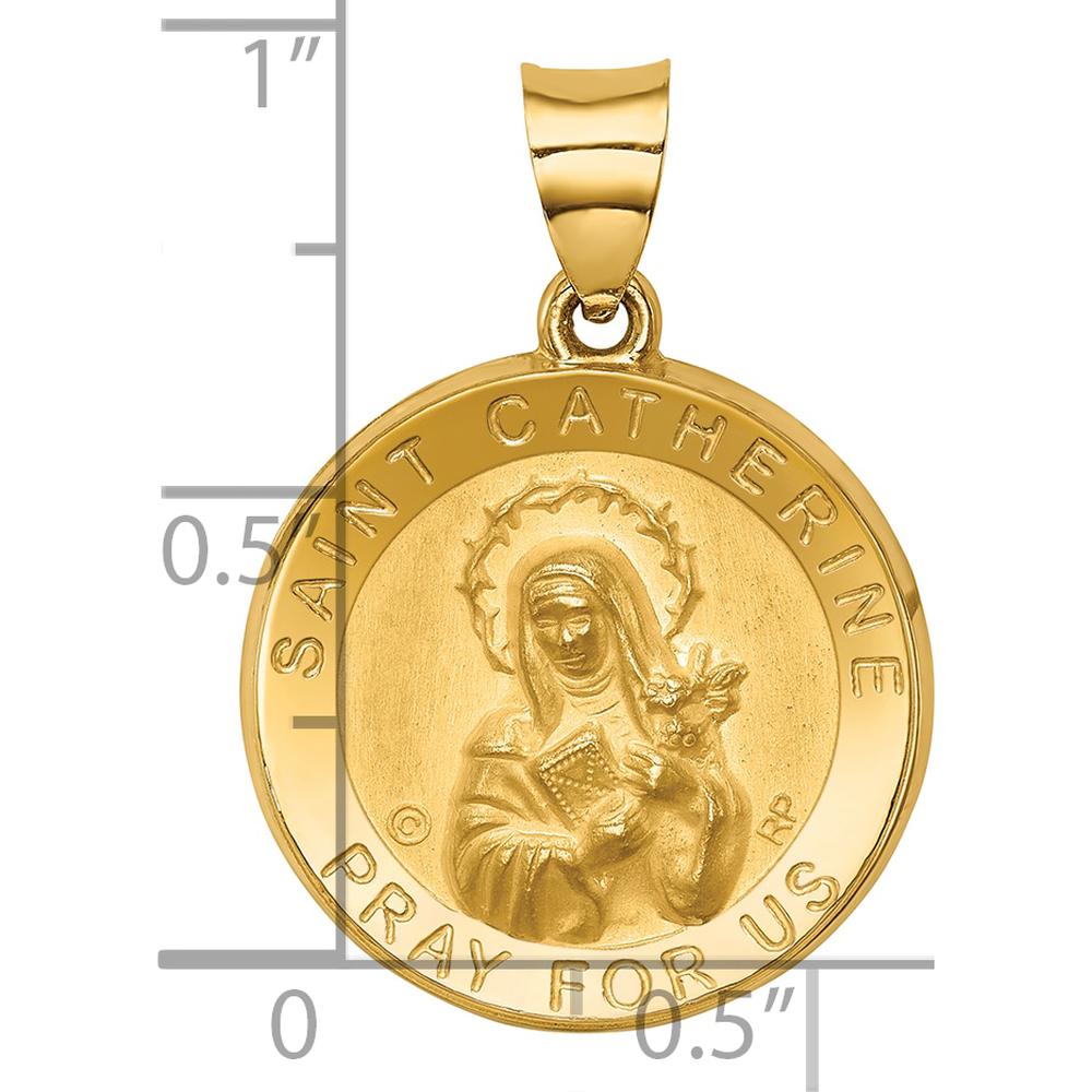 14K Yellow Gold Polished and Satin St. Catherine Hollow Medal Pendant - Meaningful Faith Charm by Oro Pregiato