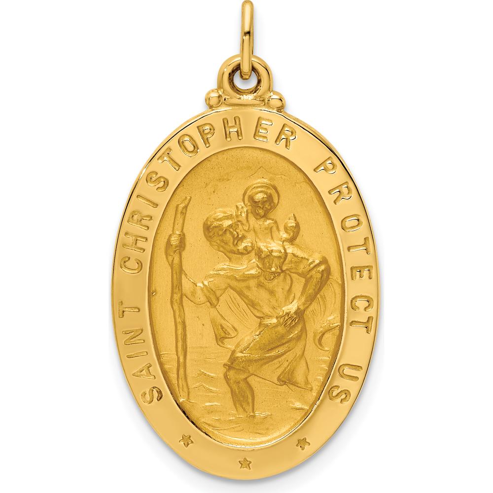 14K Yellow Gold Polished and Satin St. Christopher Medal Pendant - 31.5mm Length by Oro Pregiato