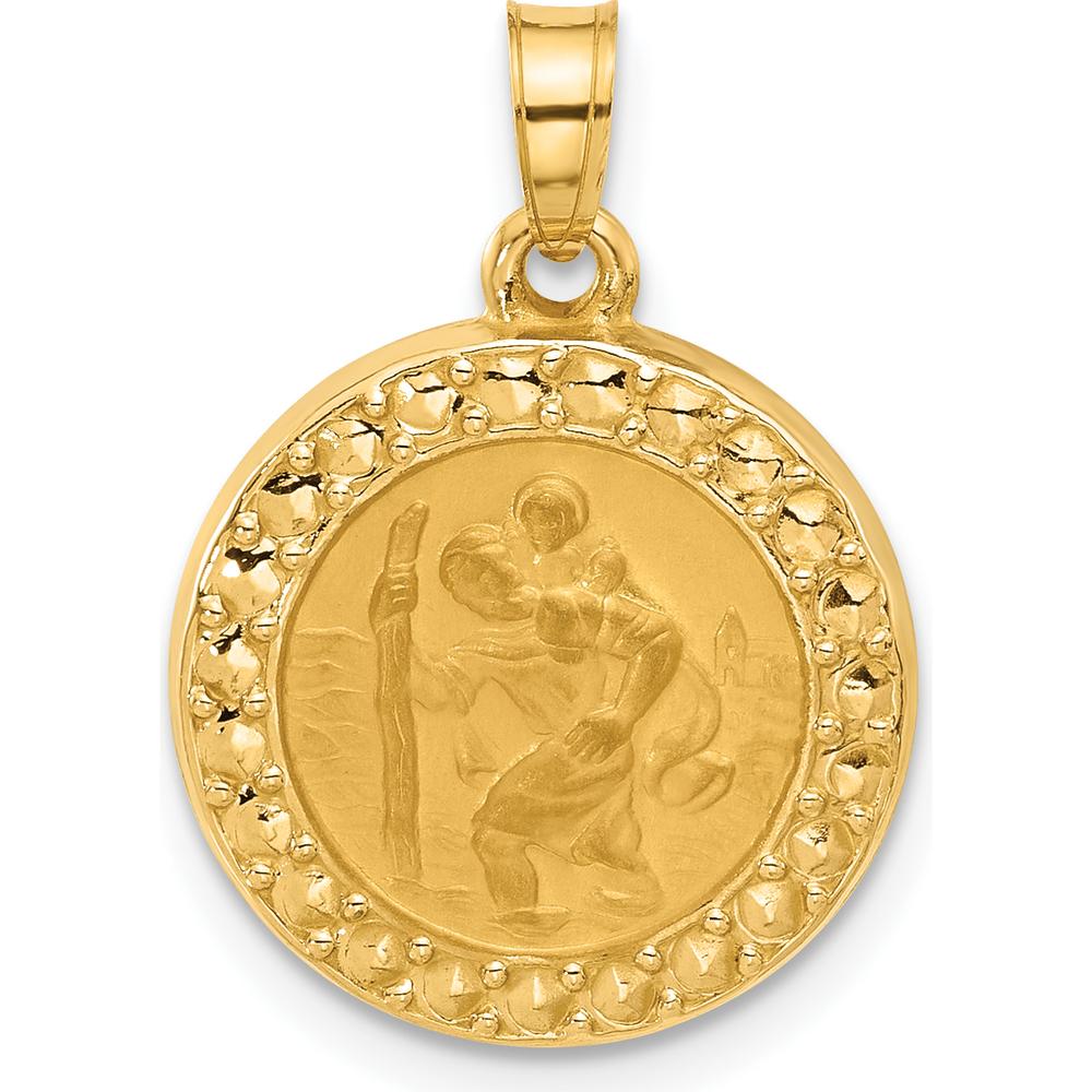 14K Yellow Gold Polished and Satin St. Christopher Medal Round Pendant by Oro Pregiato