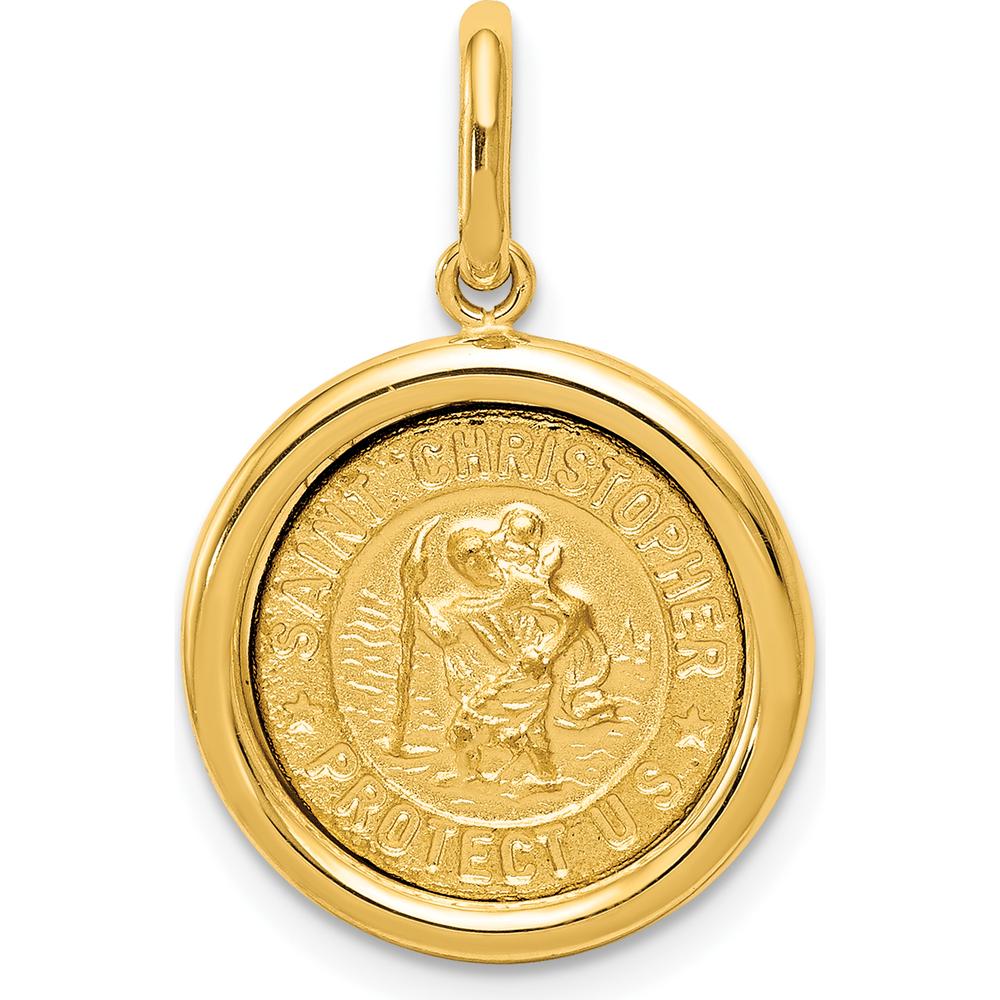 14K Yellow Gold Polished and Satin St. Christopher Round Pendant - Symbol of Protection by Oro Pregiato