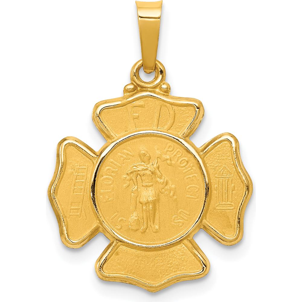 14K Yellow Gold Polished and Satin St. Florian F.D. Badge Medal Pendant by Oro Pregiato