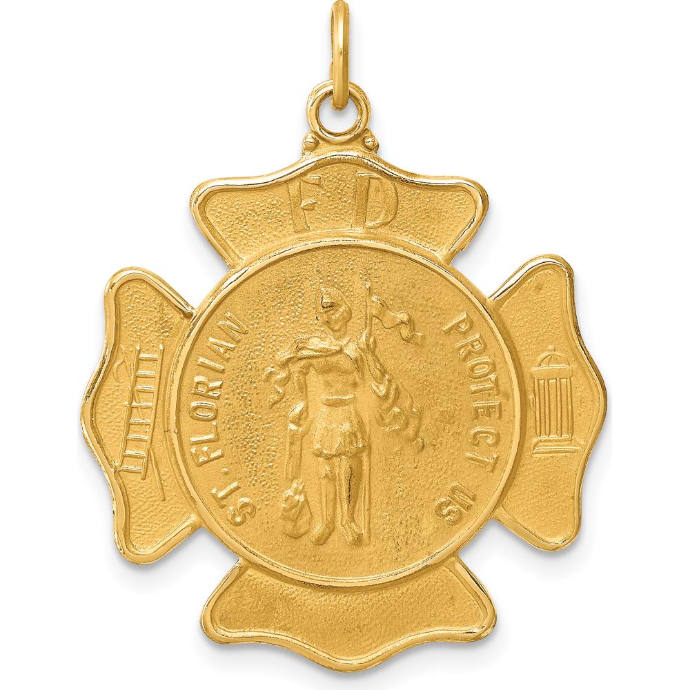 14K Yellow Gold Polished and Satin St. Florian Fire Dept. Badge Medal Pendant - Solid Design by Oro Pregiato