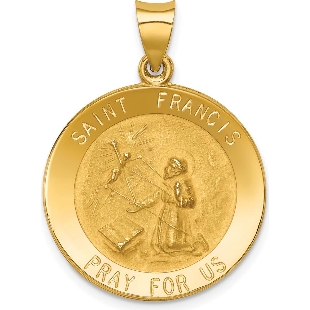 14K Yellow Gold Polished and Satin St. Francis Medal Pendant - 25.15mm x 22.5mm by Oro Pregiato