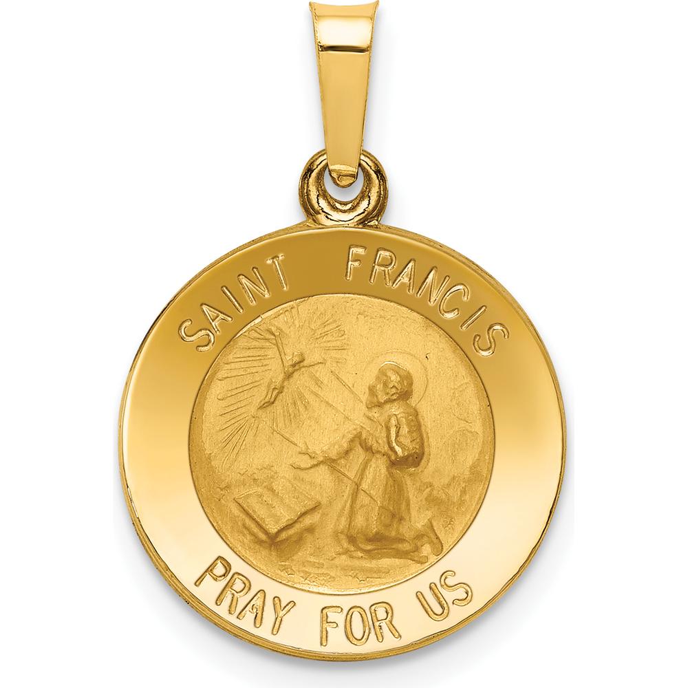 14K Yellow Gold Polished and Satin St. Francis Medal Pendant - Religious Prayer Charm by Oro Pregiato