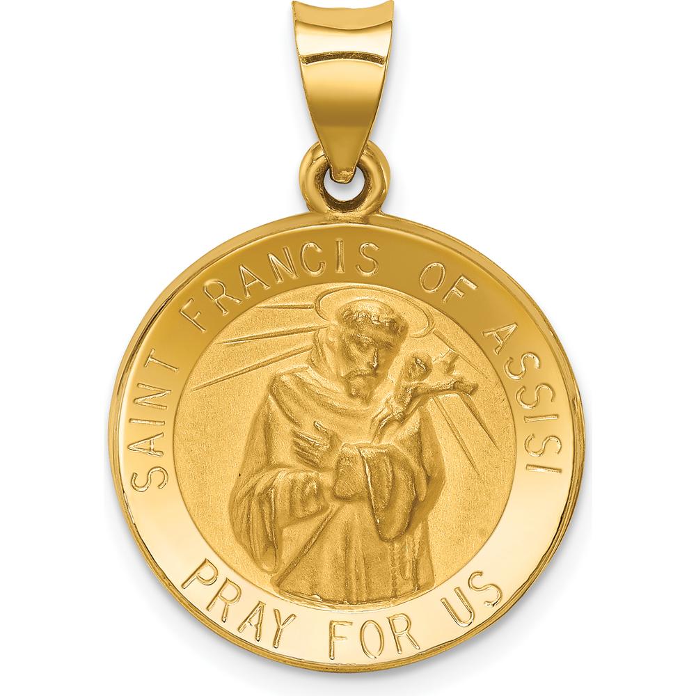 14K Yellow Gold Polished and Satin St. Francis of Assisi Medal Pendant - 26.75mm by Oro Pregiato