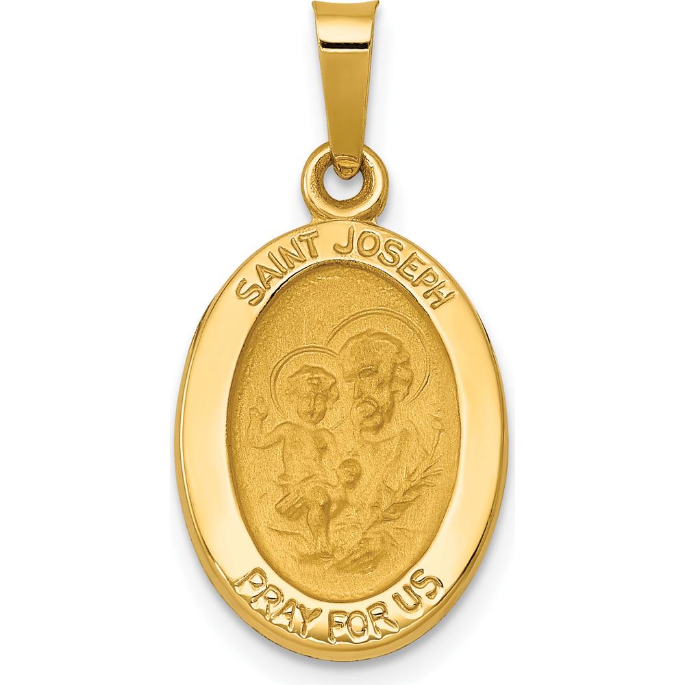 14K Yellow Gold Polished and Satin St. Joseph Medal Hollow Oval Pendant - 24.5mm Length by Oro Pregiato