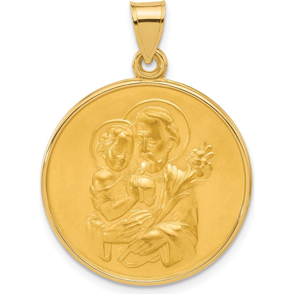 14K Yellow Gold Polished and Satin St. Joseph Medal Round Pendant - Religious Pendant by Oro Pregiato