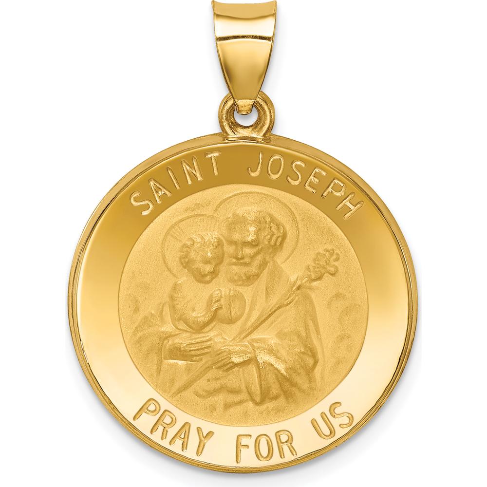 14K Yellow Gold Polished and Satin St. Joseph Round Pendant - Faith Medal with Hollow Design by Oro Pregiato