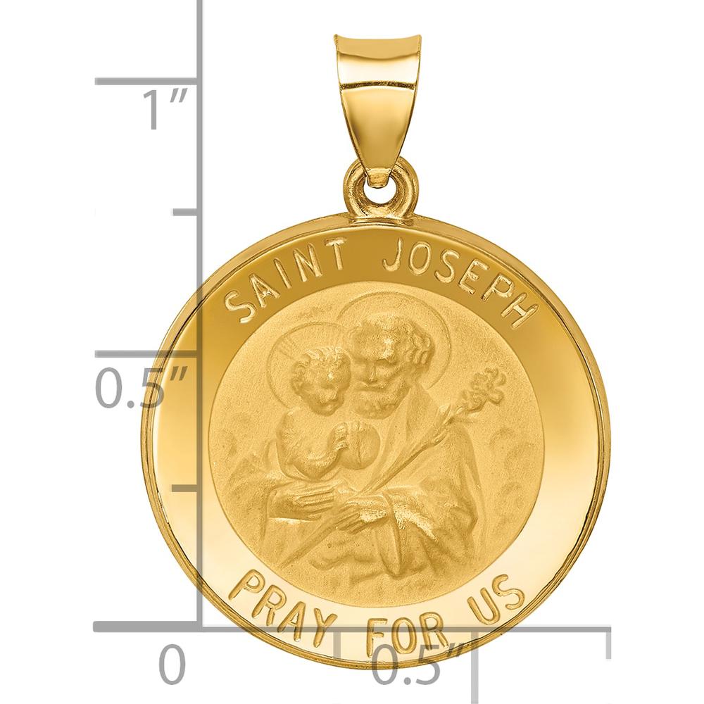 14K Yellow Gold Polished and Satin St. Joseph Round Pendant - Faith Medal with Hollow Design by Oro Pregiato