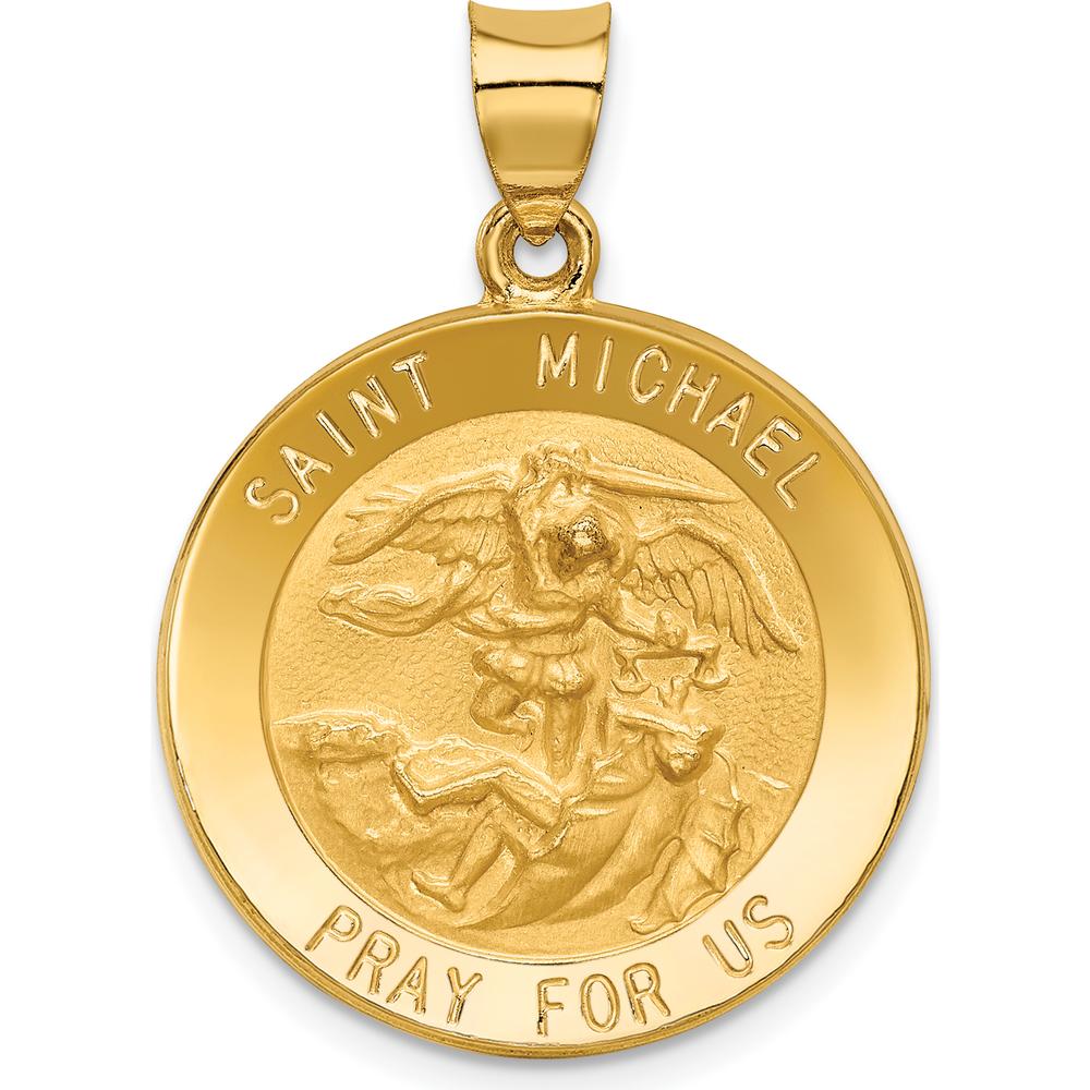 14K Yellow Gold Polished and Satin St. Michael Medal Pendant - 32mm Length by 0