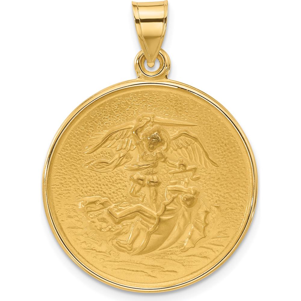 14K Yellow Gold Polished and Satin St. Michael Round Pendant - Solid Design by Oro Pregiato