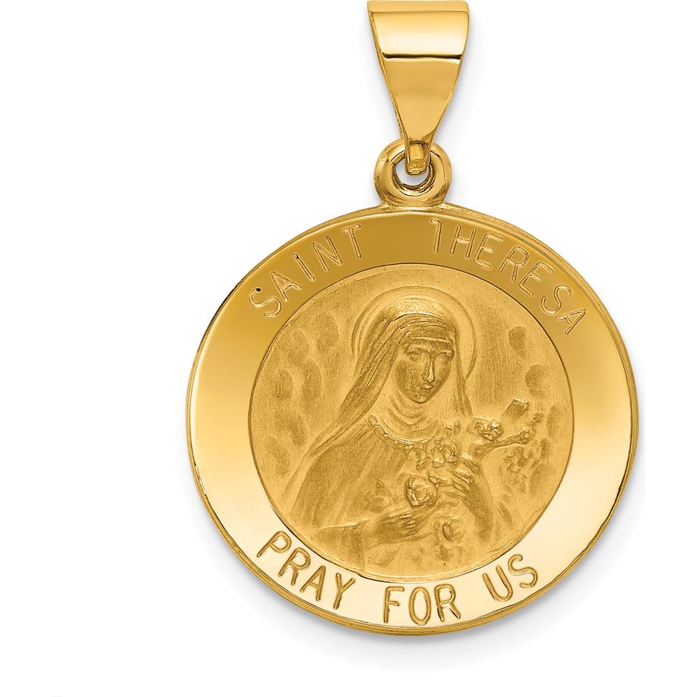 14K Yellow Gold Polished and Satin St Theresa Medal Pendant - 22mm Length by Oro Pregiato