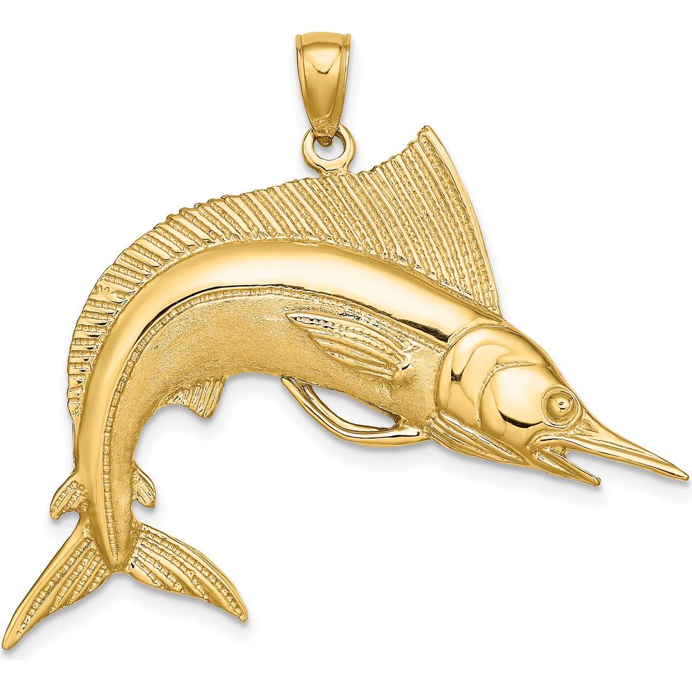 14K Yellow Gold Polished and Satin Striped Marlin Pendant Charm by Oro Pregiato