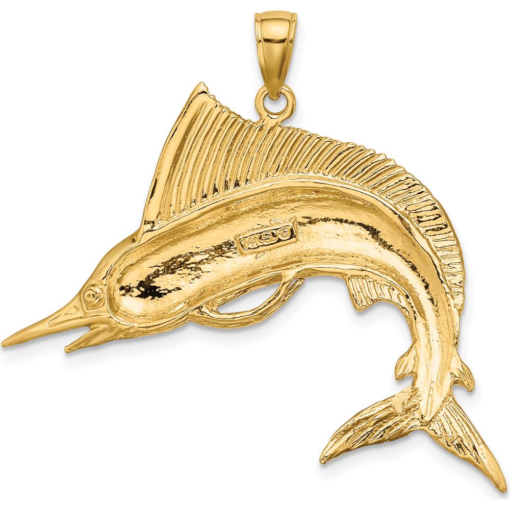 14K Yellow Gold Polished and Satin Striped Marlin Pendant Charm by Oro Pregiato