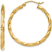 14K Yellow Gold Polished & Satin Twisted Hoop Earrings - 32mm Length, 2.5mm Thickness by 0