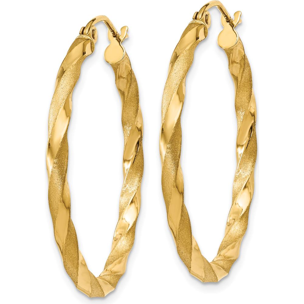 14K Yellow Gold Polished & Satin Twisted Hoop Earrings - 32mm Length, 2.5mm Thickness by 0
