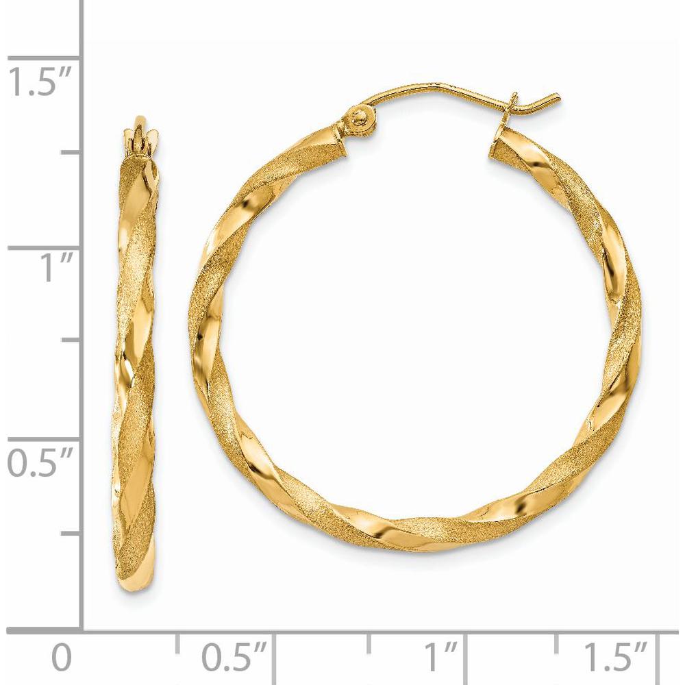 14K Yellow Gold Polished & Satin Twisted Hoop Earrings - 32mm Length, 2.5mm Thickness by 0