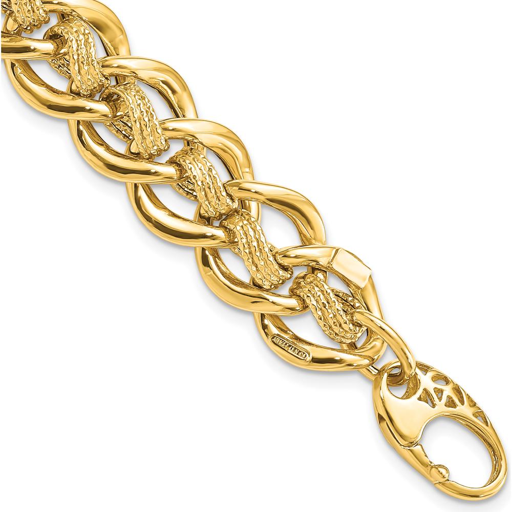 14K Yellow Gold Polished and Textured 15mm Fancy Link Bracelet - 8" Length by 0