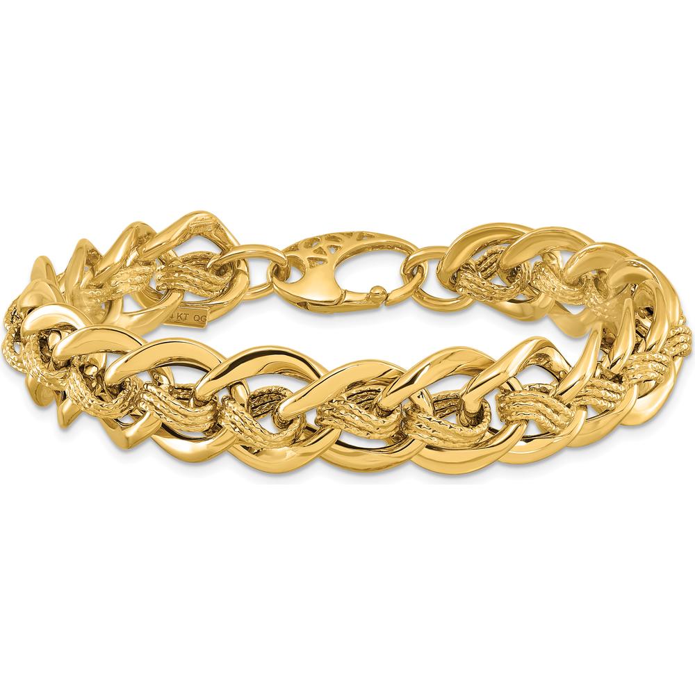 14K Yellow Gold Polished and Textured 15mm Fancy Link Bracelet - 8" Length by 0