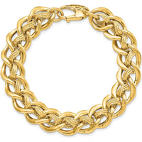 14K Yellow Gold Polished and Textured 15mm Fancy Link Bracelet - 8" Length by 0