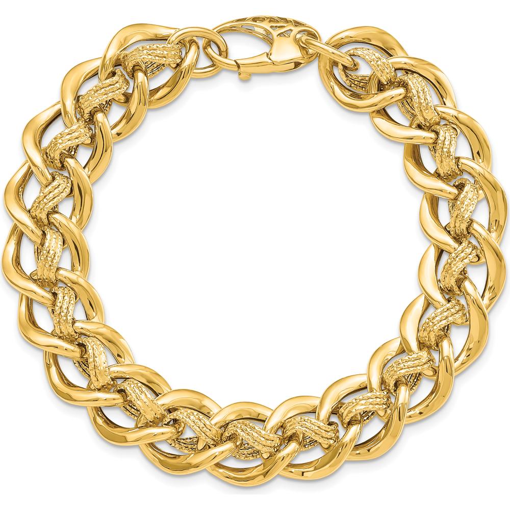 14K Yellow Gold Polished and Textured 15mm Fancy Link Bracelet - 8" Length by 0