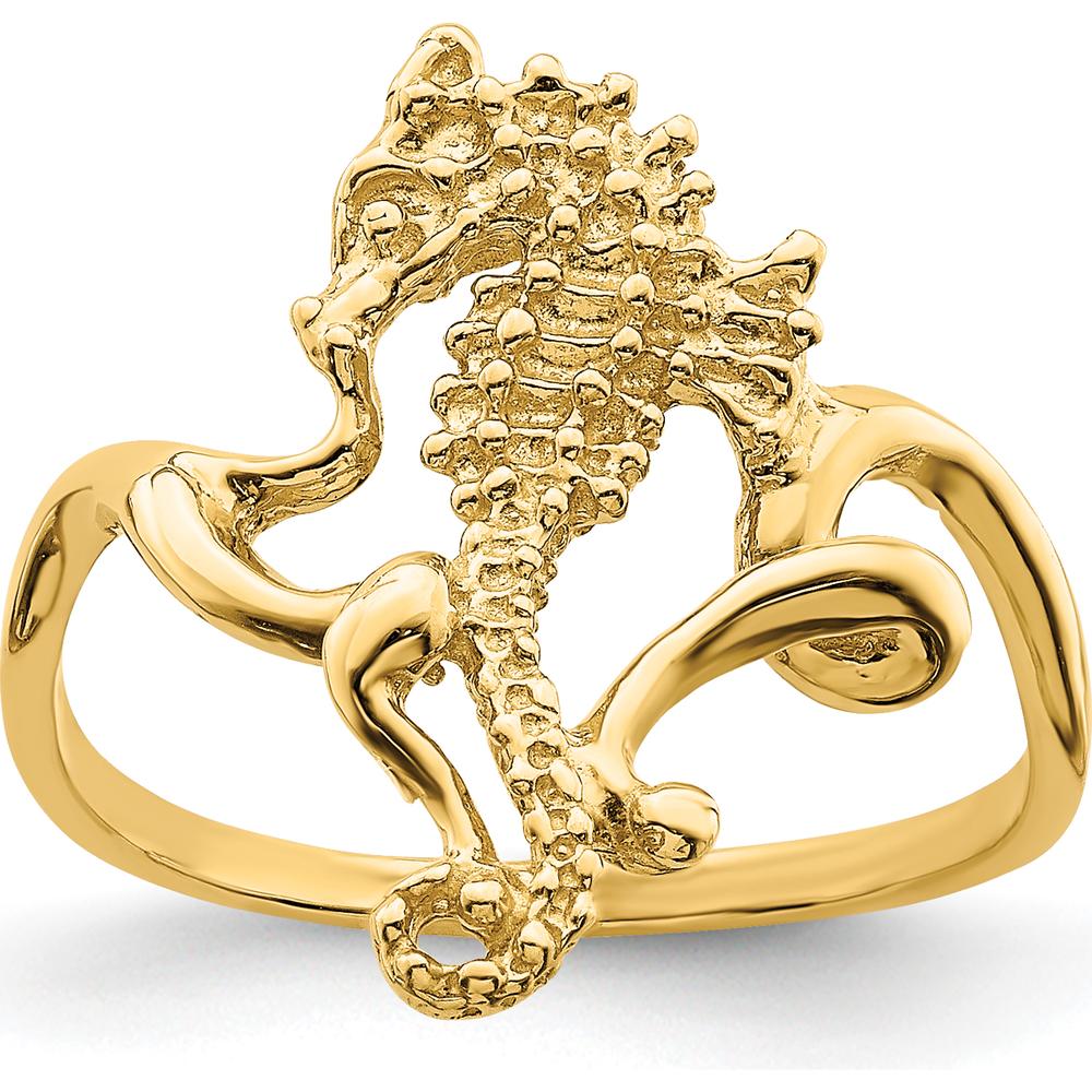 14K Yellow Gold Polished and Textured 2D Seahorse Ring - Size 7 by 0