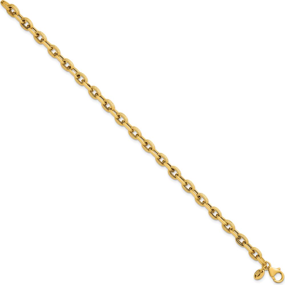 14K Yellow Gold Polished and Textured 4.9mm Fancy Cable Link Bracelet - 7.5 Inches by 0