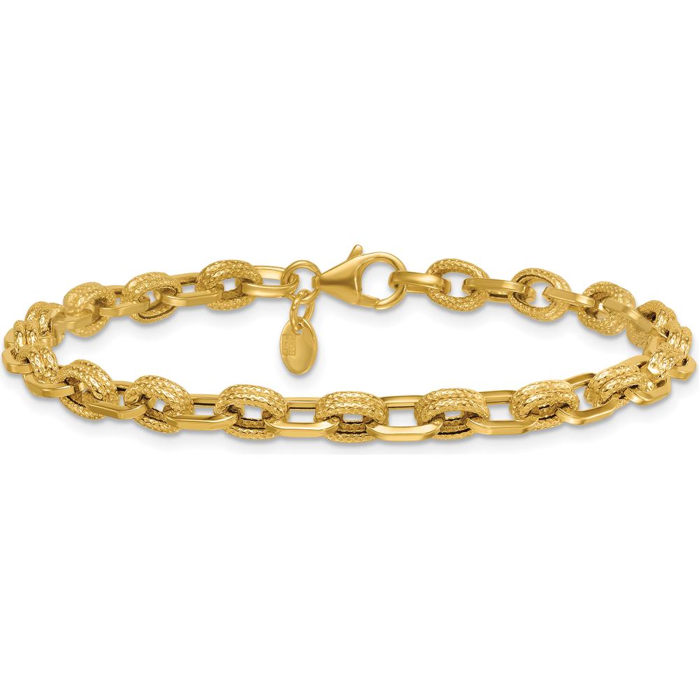 14K Yellow Gold Polished and Textured 4.9mm Fancy Cable Link Bracelet - 7.5 Inches by 0