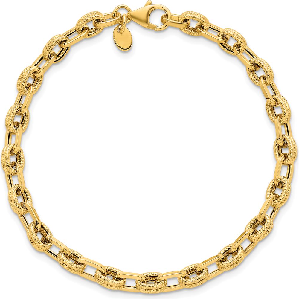14K Yellow Gold Polished and Textured 4.9mm Fancy Cable Link Bracelet - 7.5 Inches by 0