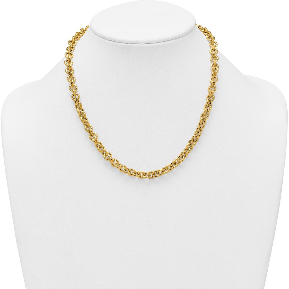 14K Yellow Gold Polished and Textured 7.3mm Cable Chain Necklace - 18" Length by 0