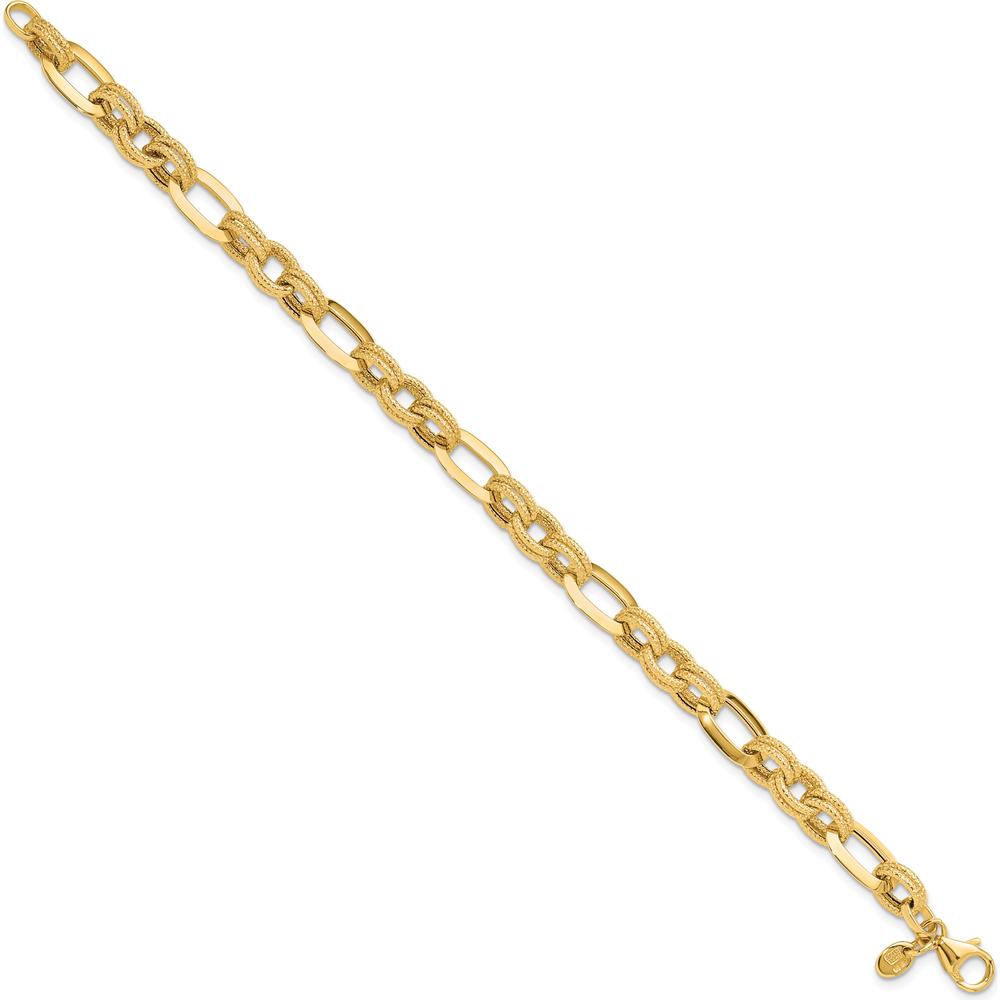 14K Yellow Gold Polished and Textured 7.8mm Fancy Link Bracelet - 7.5" Length by Oro Pregiato